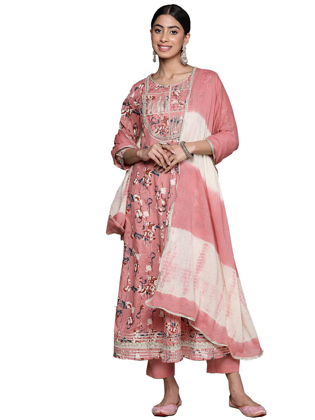 Ishin Women'S Pink Pure Cotton Zari Flared Floral Print Kurta Set With Pants & With Dupatta