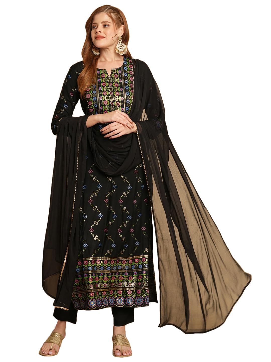 ANNI DESIGNER Ladies Cotton Blend Kurta Trousers with Dupatta Set, Black, S
