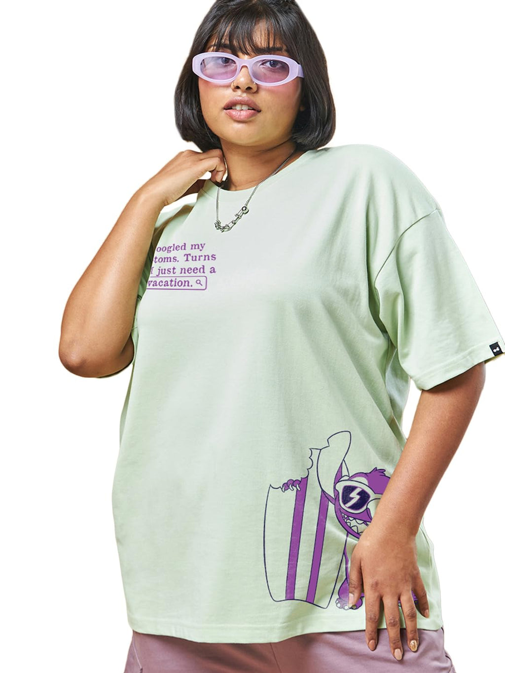 Bewakoof Heavy Duty 1.0 Official Disney Merchandise Stitch Womens Graphic Printed Oversized Fit Half Sleeve Round Neck Terry Pl
