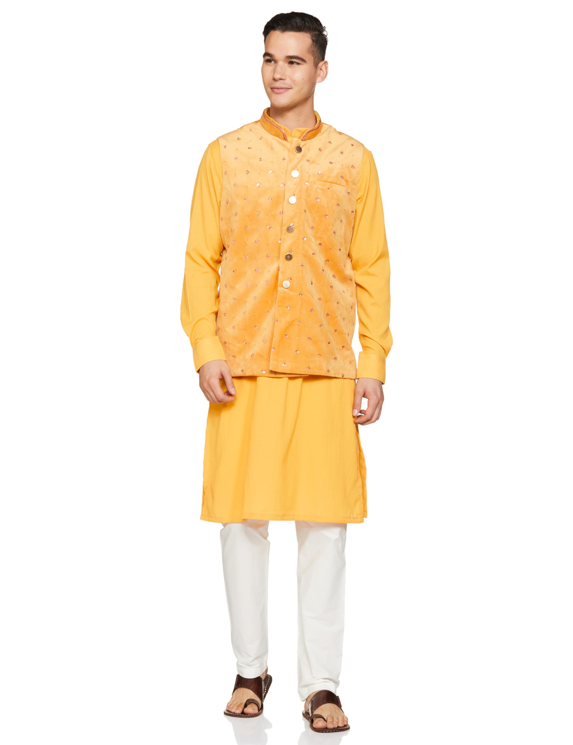 Manyavar Mustard Viscose Embroidered Celebration Kurta Jacket Set with Mandarin Collar