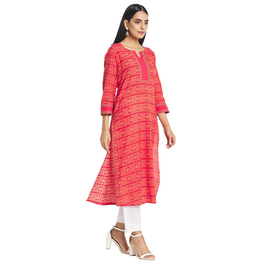 Fabindia Women Cotton Printed Long Kurta Orange