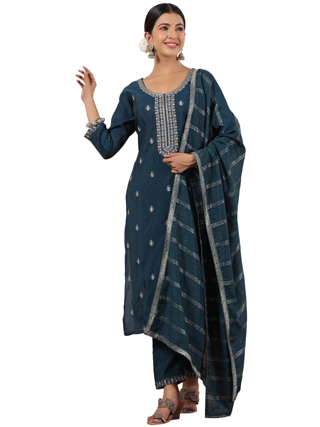 Ishin Women'S Bottle Green Ethnic Embroidered Poly Silk Straight Kurta With Trousers & Dupatta