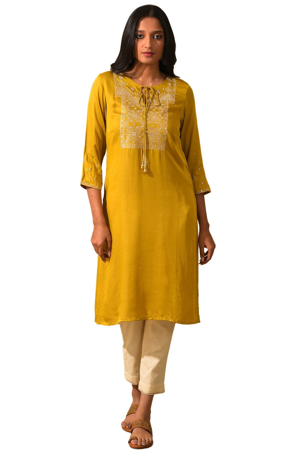 W For Woman Mustard Embroidered Lustrous Satin Kurta_22Maf11487-920505_Xl