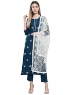 ANNI DESIGNER Women's Cotton Blend Embroidered Straight Kurta with Pants & Dupatta (ASANA-CERSOIN_L_Dark Blue_Large)