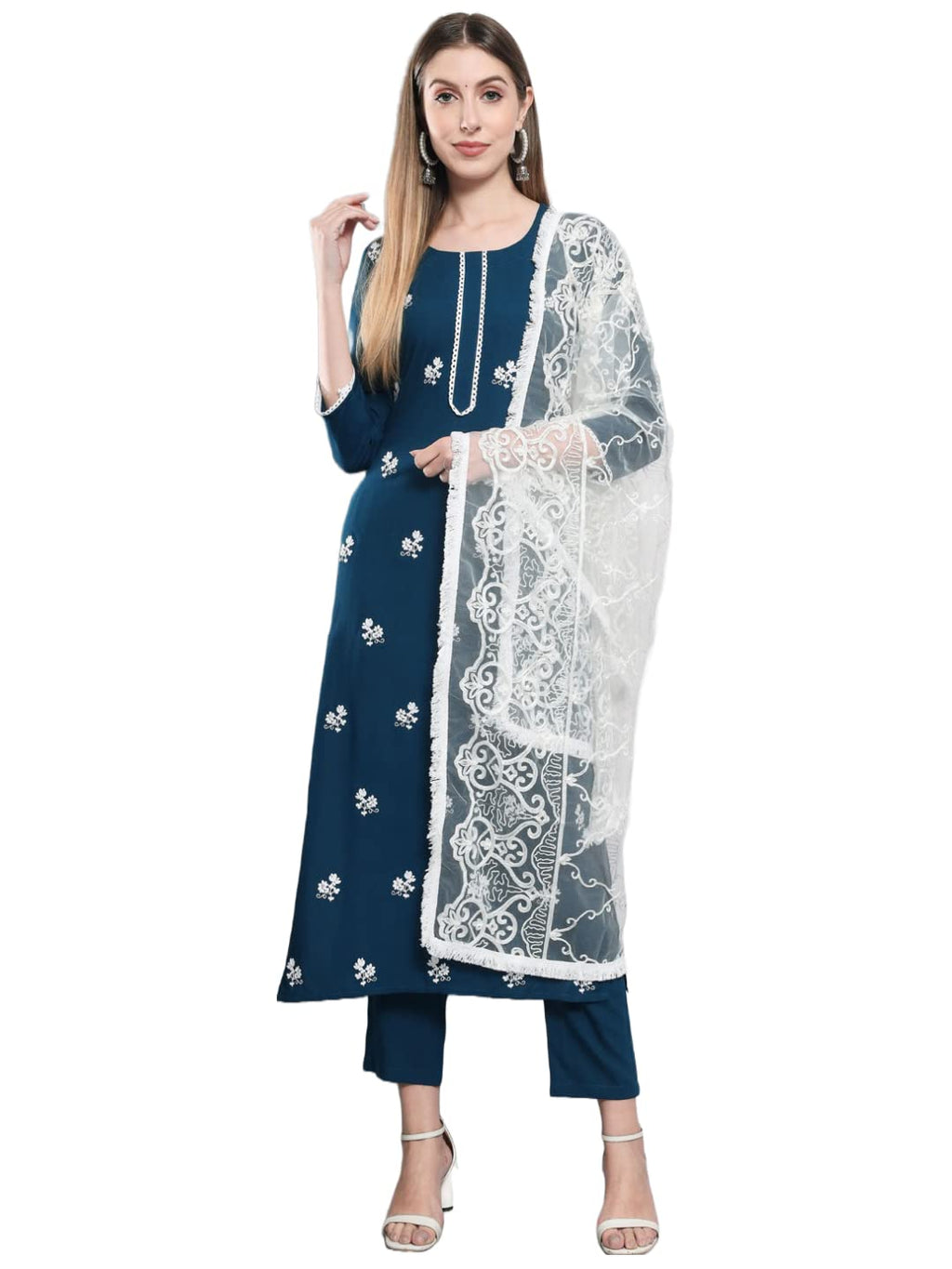 Gosriki Women'S Cotton Blend Embroidered Straight Kurta With Pants & Dupatta (Asana-Cersoin_S-Gs_Dark Blue_Small)