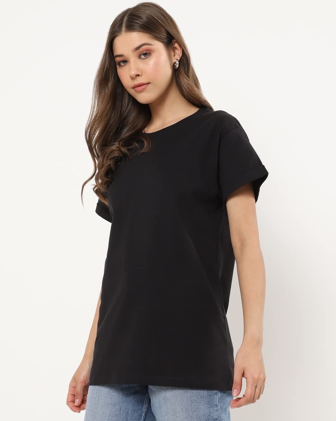 Bewakoof Womens Solid Boyfriend Fit Half Sleeve Round Neck Cotton T-Shirt
