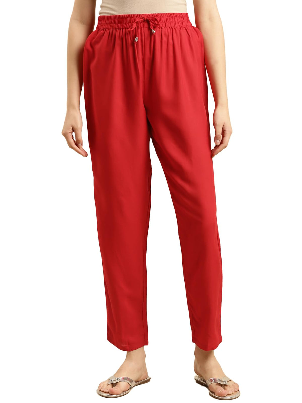 rangita Women Rayon Red Solid Ankle Length Straight Pant, L