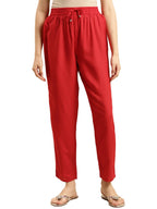 rangita Women Rayon Red Solid Ankle Length Straight Pant, L