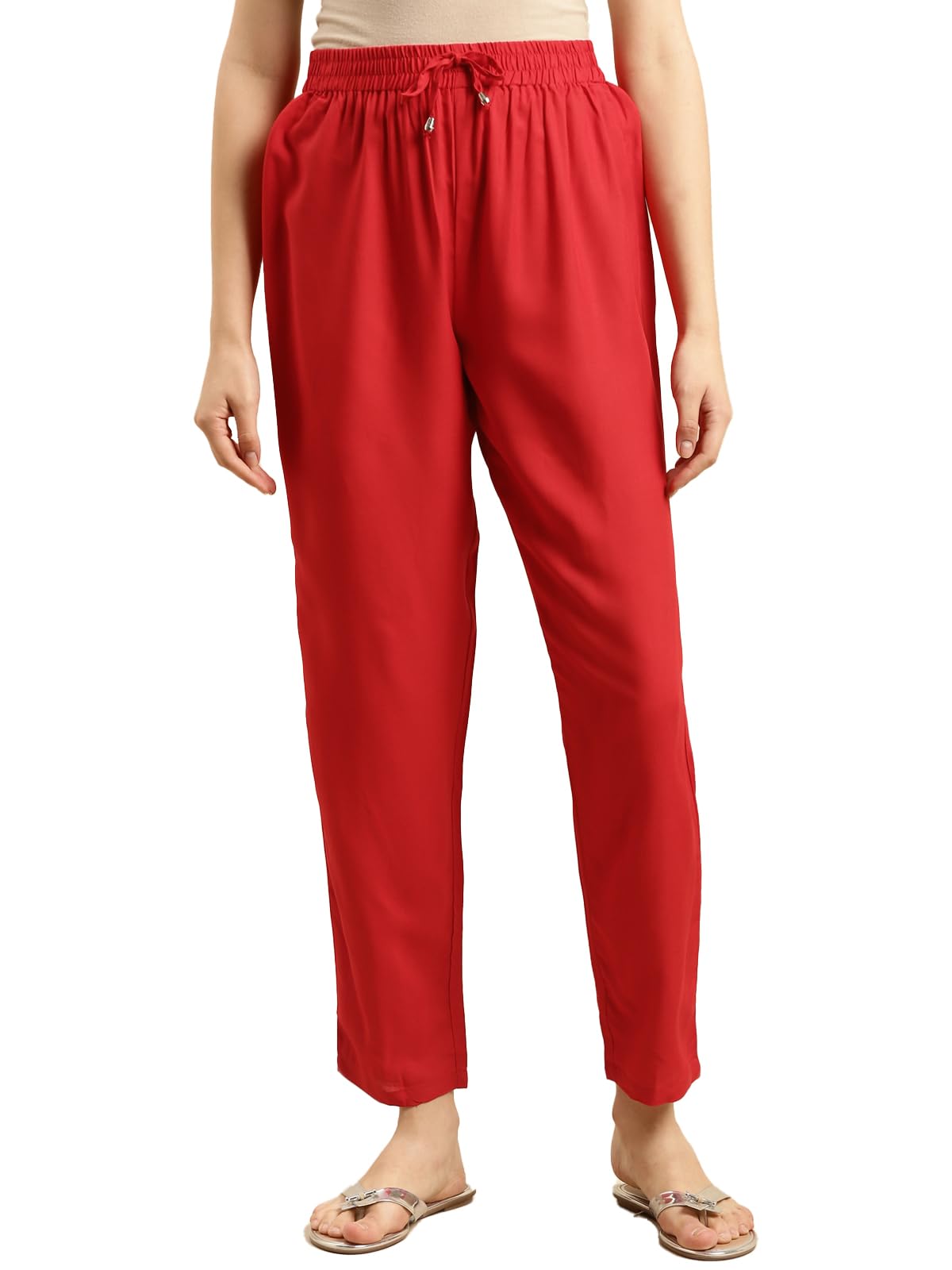 rangita Women Rayon Red Solid Ankle Length Straight Pant, L