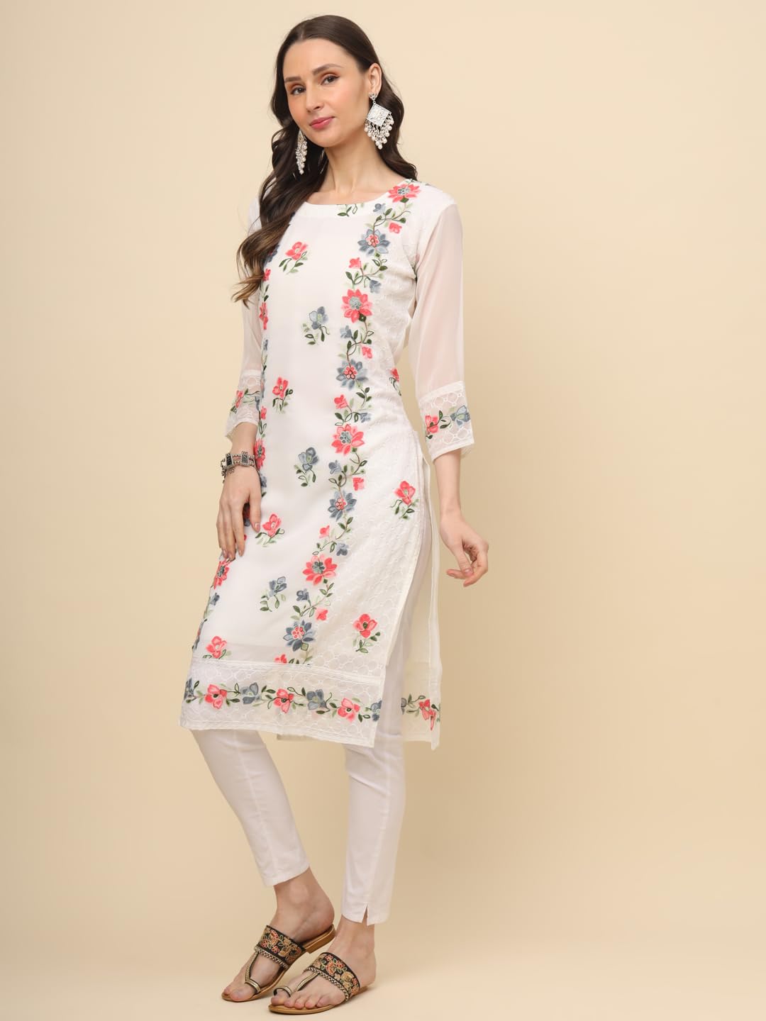 Ekasya Womens Georgette Straight Cut Round Neck Kurta with Beautiful Embroidery Work