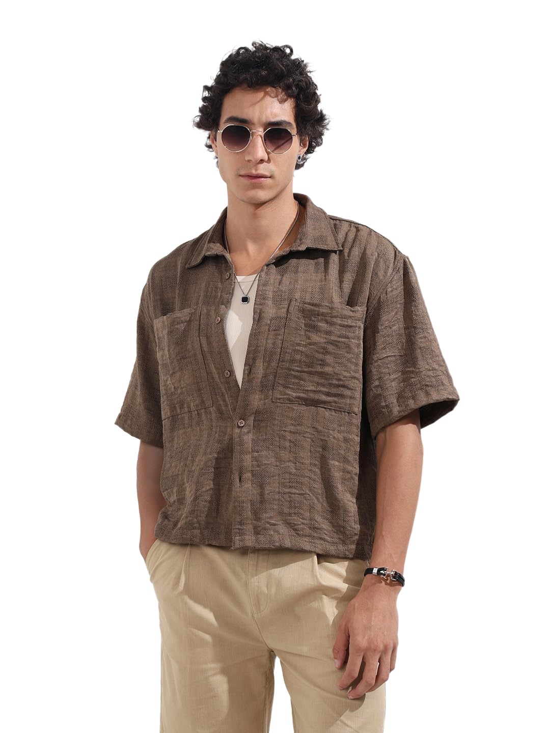 The Indian Garage Co Mens Boxy Textured Cutaway Collar Half Sleeves Resort Shirt