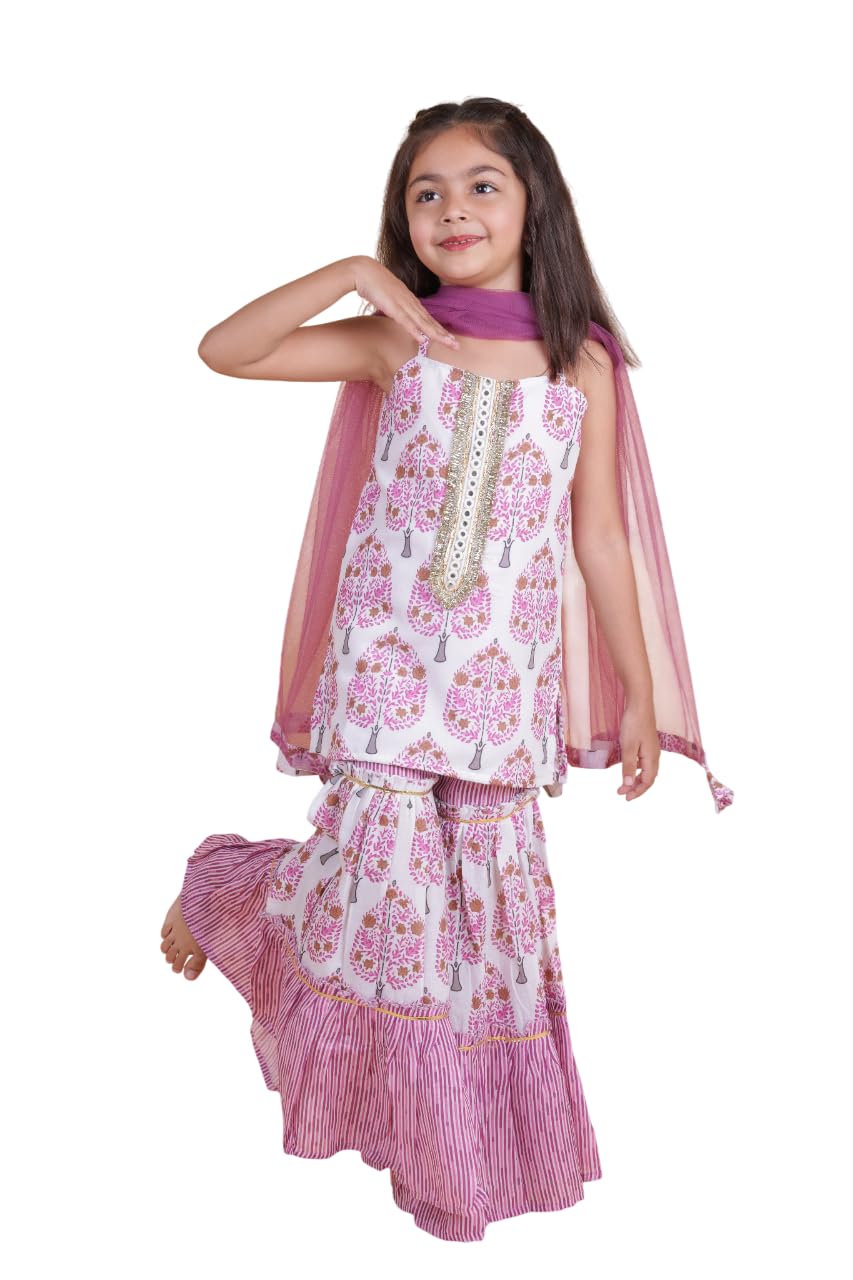 Tagas Rayon Sleeveless Top And Sarara Printed Set With Dupatta | Traditional Ethnic Wear For Girls Dress ((Ke)-1200-Purple-11_Pu