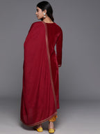 Libas Womens Yoke Design Velvet Straight Kurta With Trousers And Dupatta