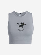 The Souled Store Tank Top: Black Cat Energy Women and Girls Round Neck Sleeveless Grey Embroidered Cotton Blend Slim Fit Tank To