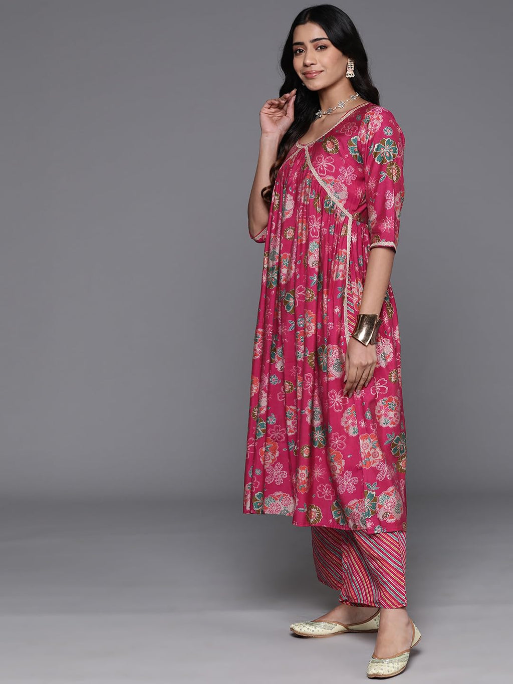 Libas Womens Printed Silk Blend A-Line Kurta With Palazzos And Dupatta