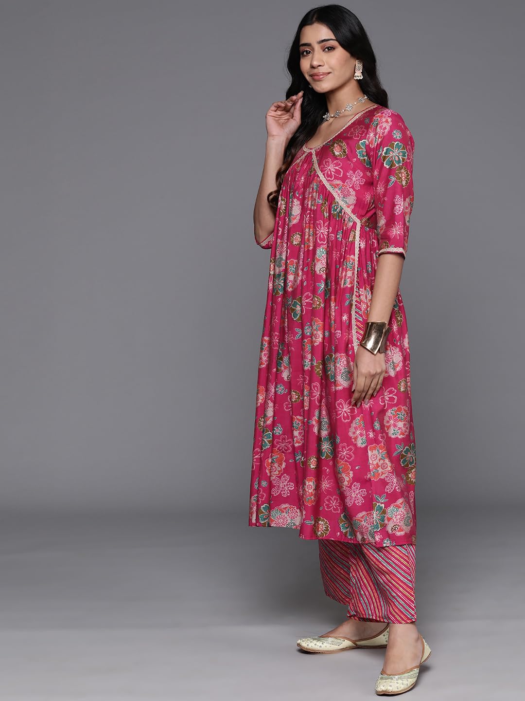 Libas Womens Printed Silk Blend A-Line Kurta With Palazzos And Dupatta