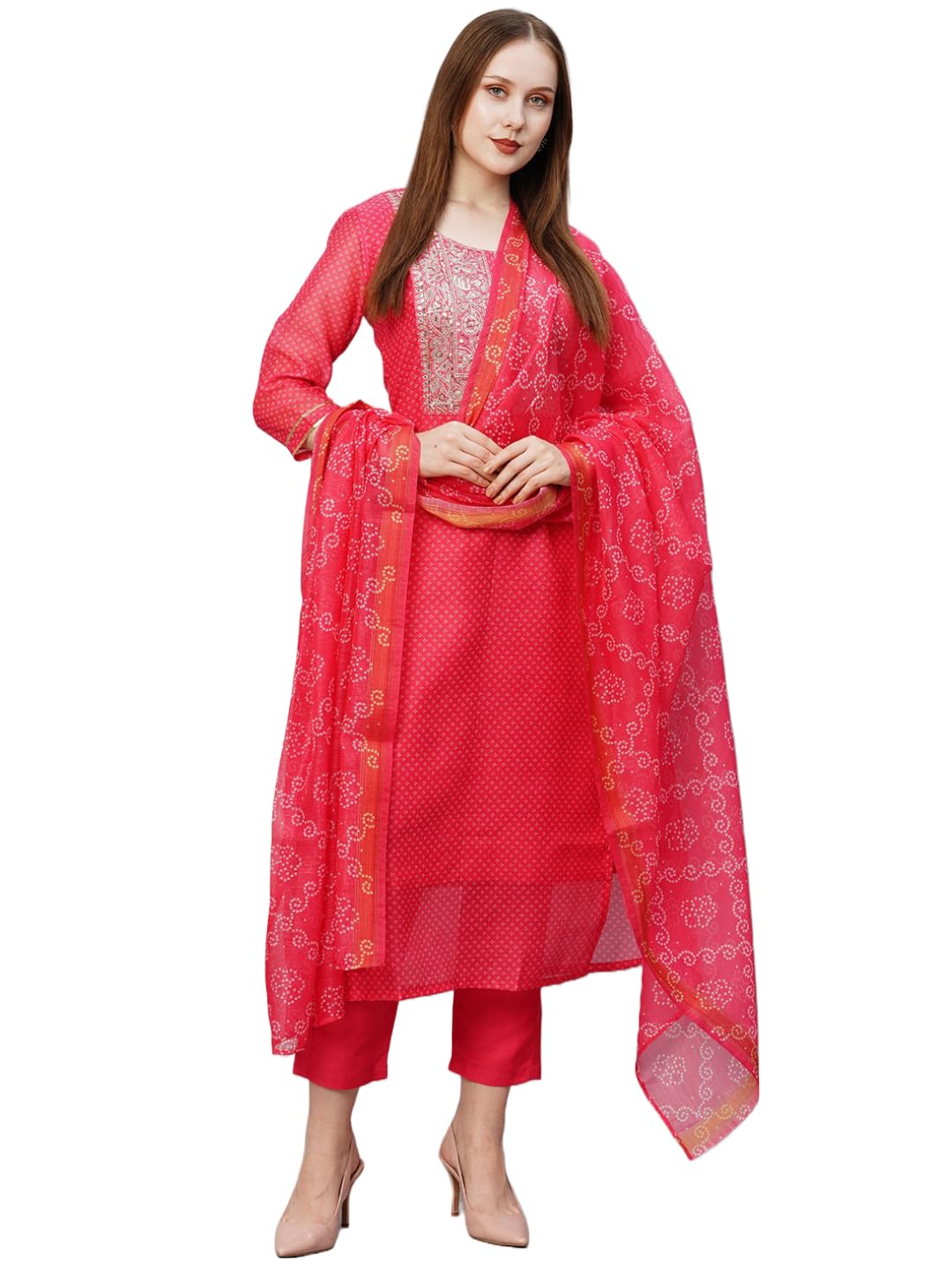 ANNI DESIGNER Womens Cotton Blend Straight Printed & Embroidered Kurta with Pant & Dupatta (Radha Rani-NW_XL_Pink_X-Large)