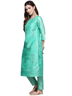 Ziyaa Women'S Sea Green Poly Silk Straight Kurta And Pant Set(Zikups2068Andpa-Sea Green)