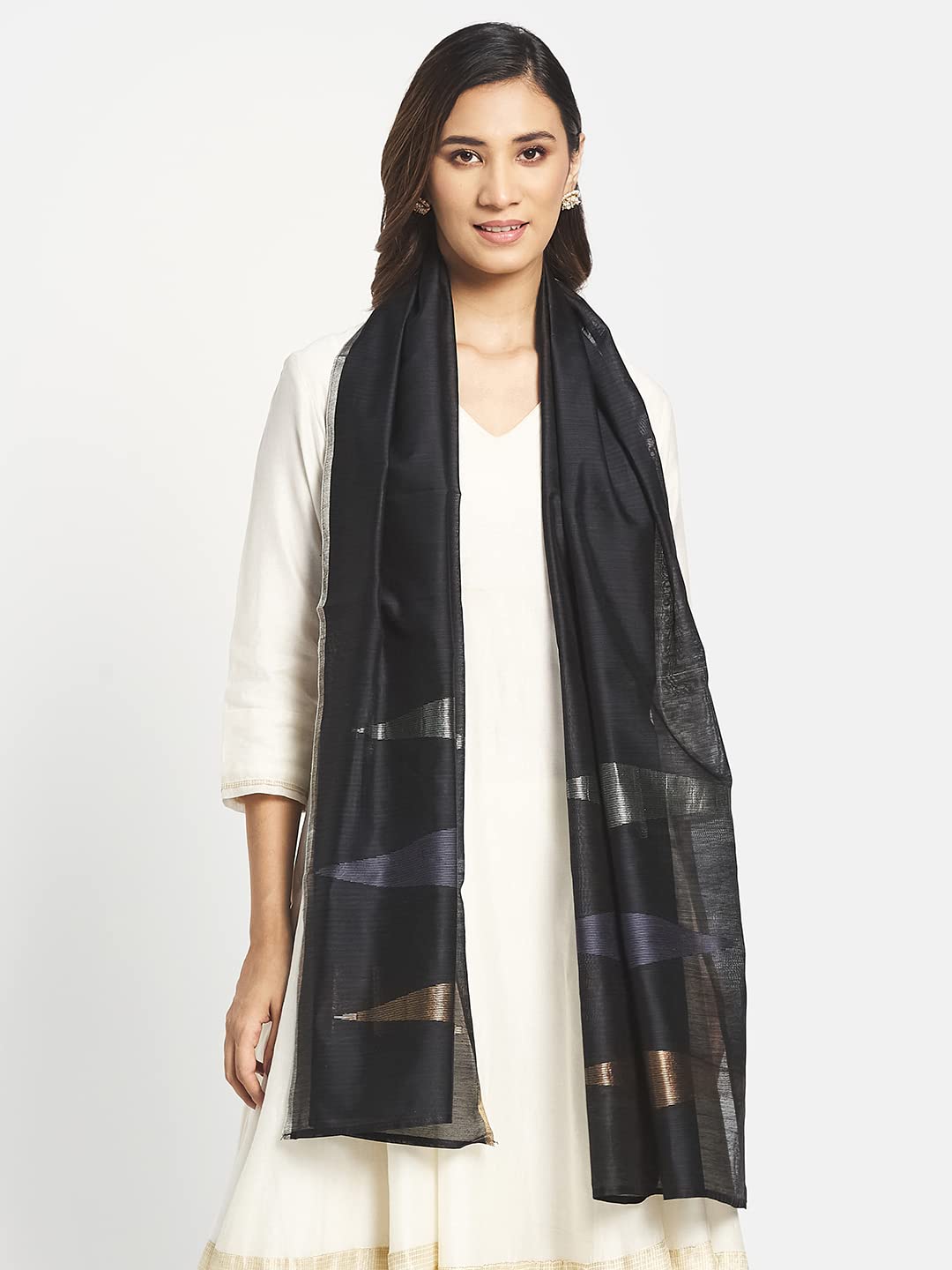 Fabindia Black Cotton Silk Jamdani Woven Stole (Free Size)