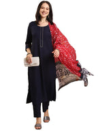 ANNI DESIGNER Womens Rayon Blend Straight Solid Kurta with Pant & Dupatta (MEGHASRI Dark Blue_M_Blue_Medium)