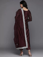 Gosriki Women'S Cotton Blend Straight Embroidered Kurta With Pant & Dupatta (Weekend Wine-Nw2-Gs)