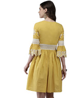 Ishin WomenS Cotton Mustard Schiffli Embroidered A-Line Dress
