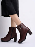 WomenS Brown Faux Leather Ankle Boots With Mid Heel And Buckle Strap  Side Zipper Comfort Booties For Fall & Winter Eu39