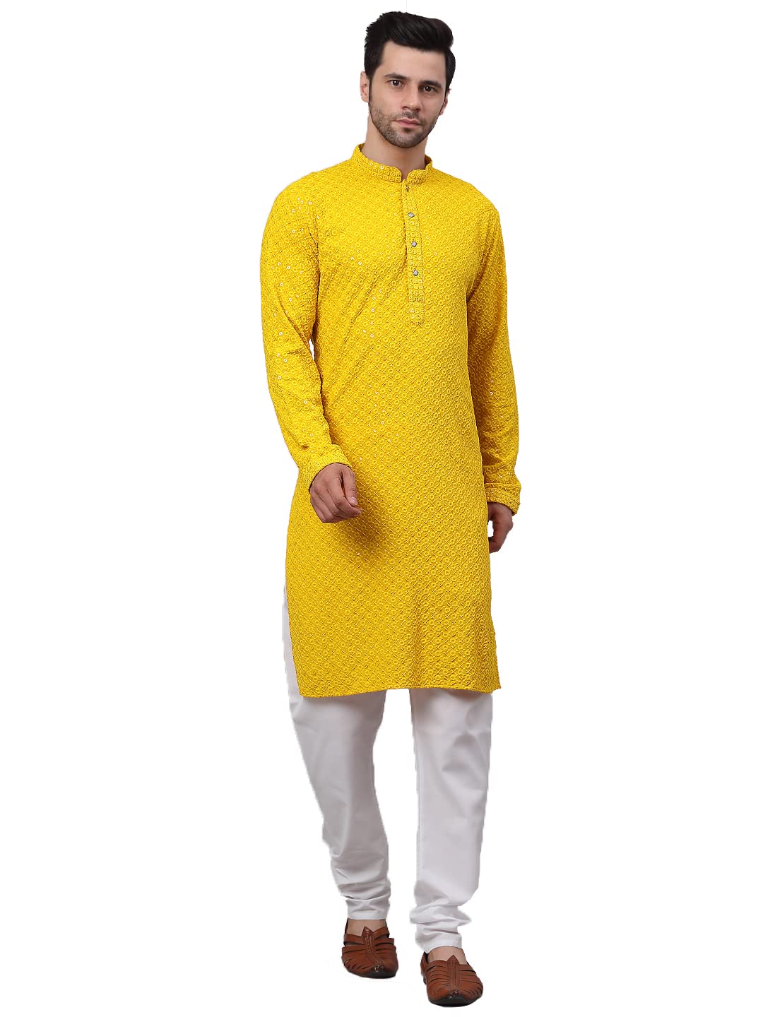 Jompers Mens Chikankari Embroidered And Sequins Kurta Churidar Set Cotton