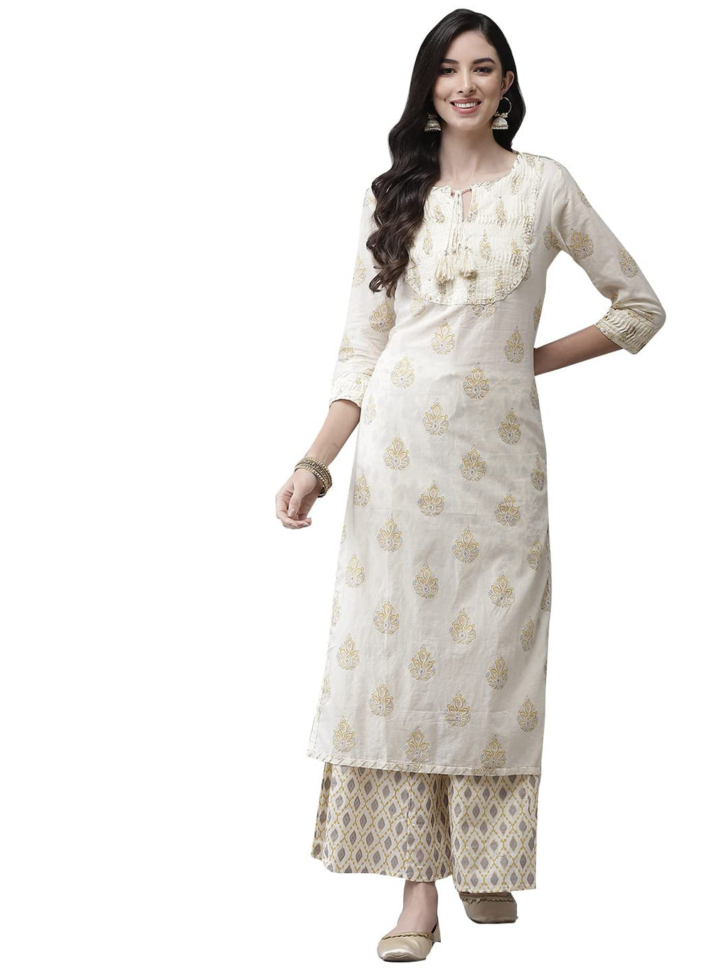 Ishin Women'S Cotton Blend Embroidered A-Line Kurta Suit Set With Sharara Kplnavje-18083_S_Cream