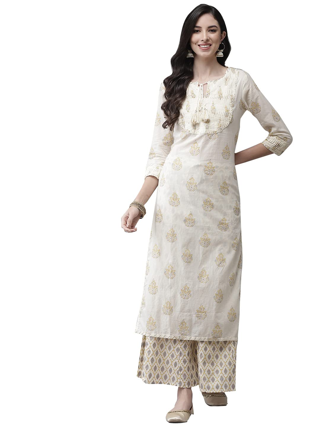 Ishin Women'S Cotton Blend Embroidered A-Line Kurta Suit Set With Sharara Kplnavje-18083_S_Cream