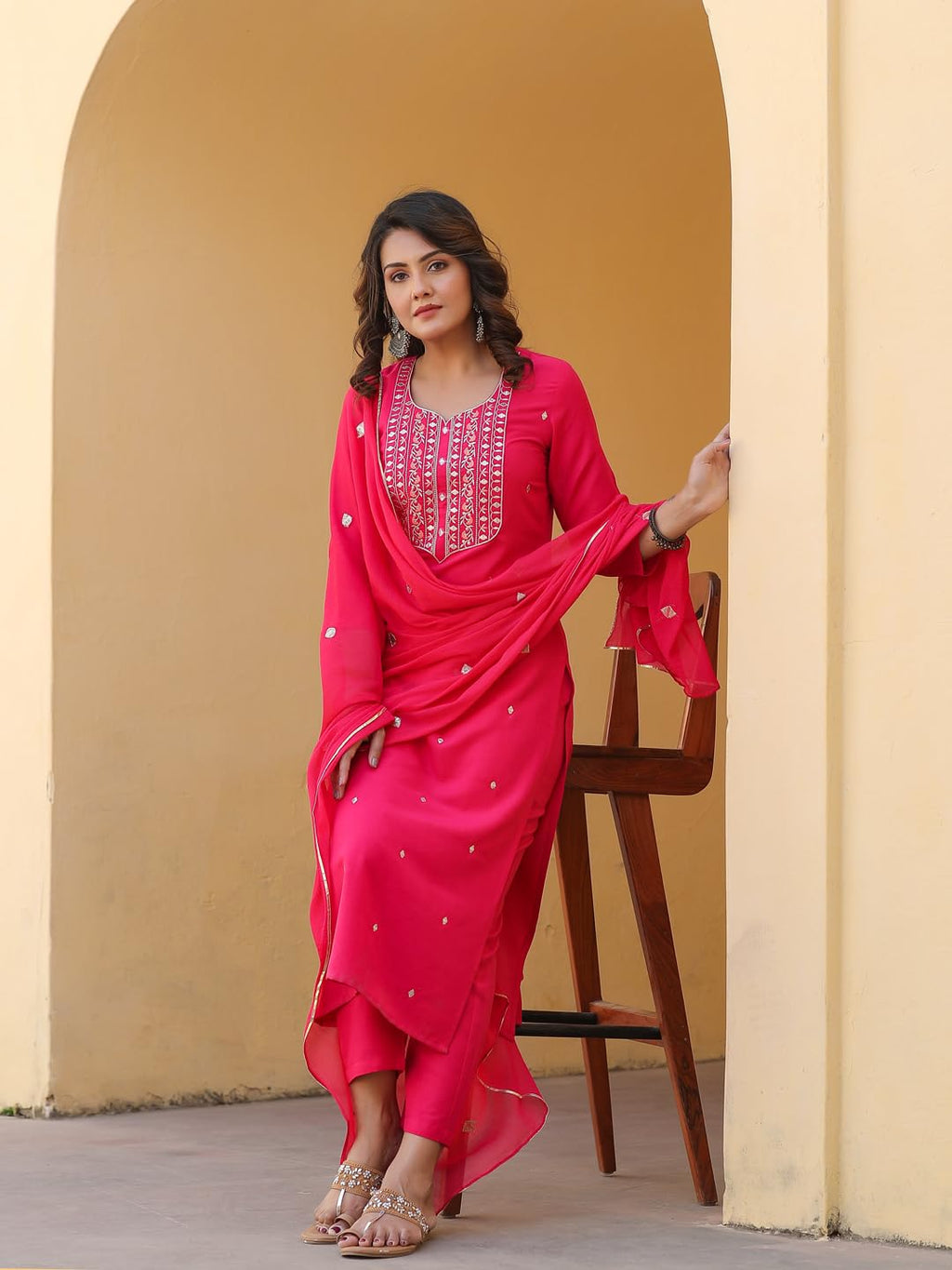 ANNI DESIGNER Women s Kurta Rayon Blend Pants with Dupatta, Pink, XL