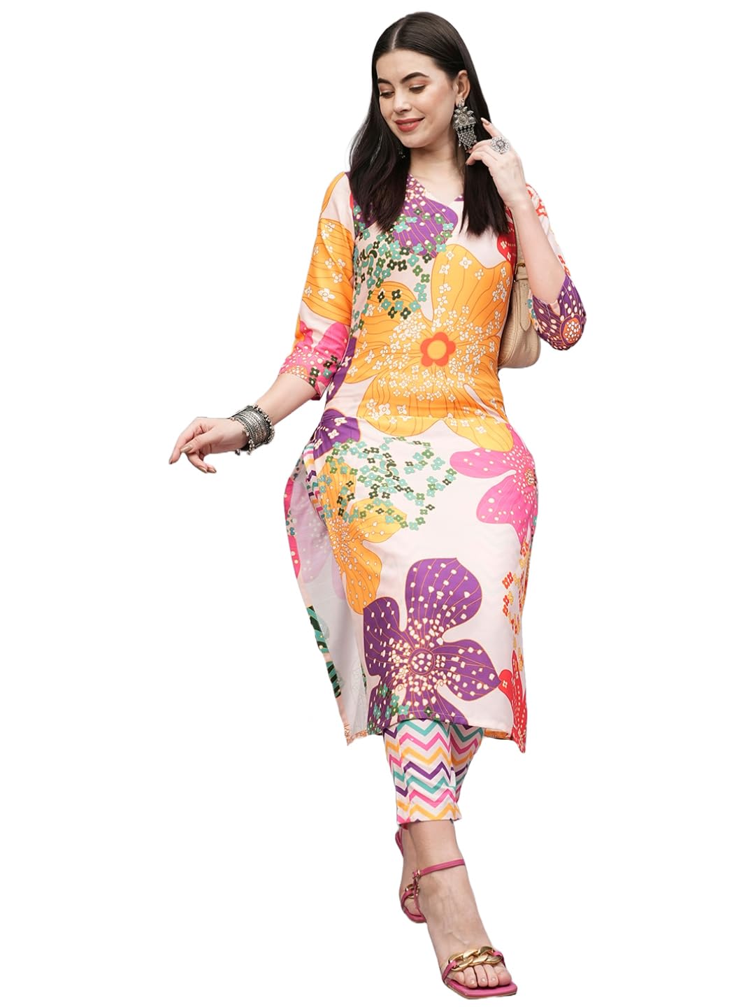 ANNI DESIGNER Womens Cotton Blend Straight Printed Kurta with Pant (Wahida White_M_White_Medium)