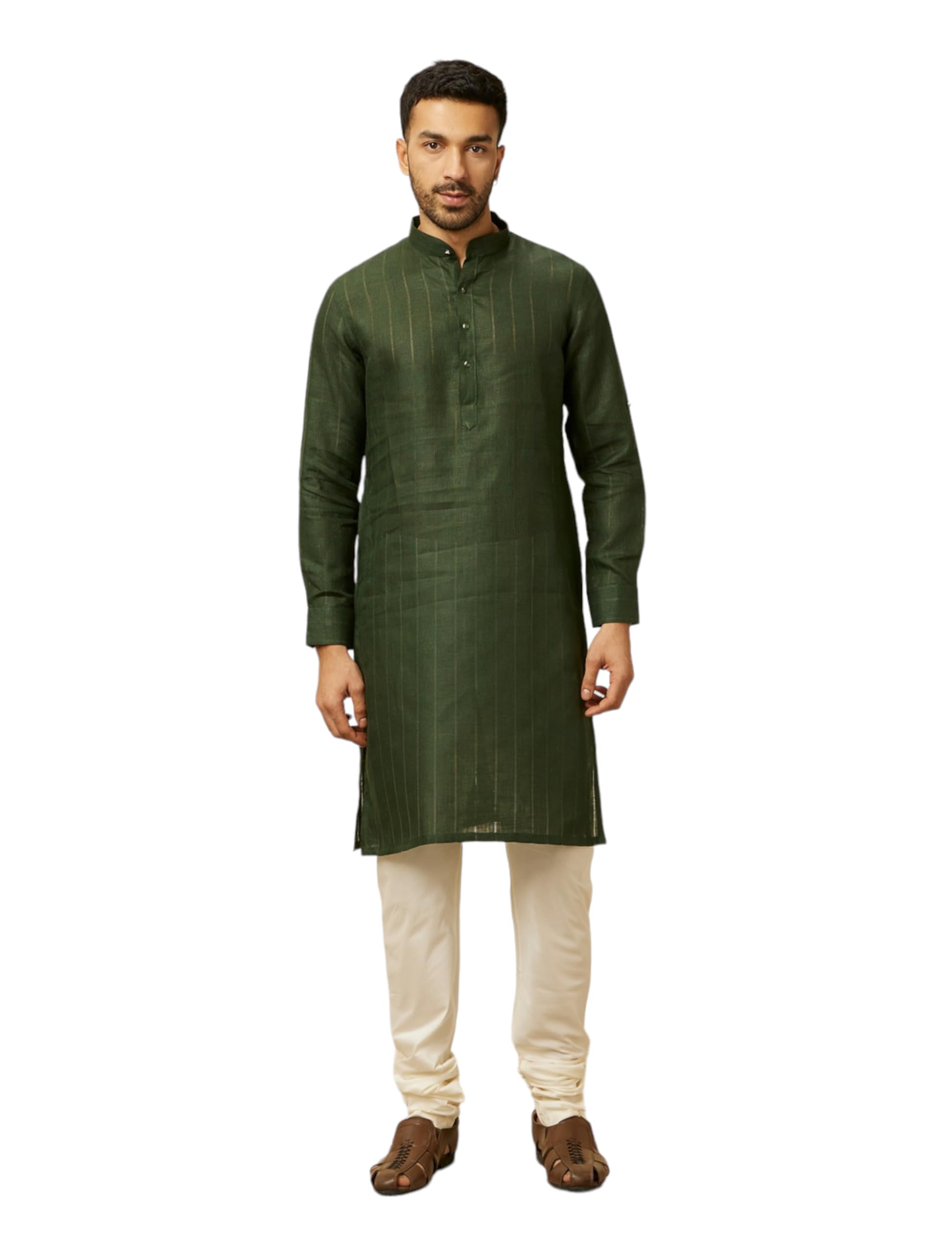 Manyavar Green Linen Plain Kurtas