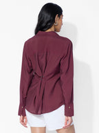 The Souled Store Back Tie Up Shirt: Claret Women and Girls Long Sleeves Collared Neck Button Front Solid Viscose Blend Oversized