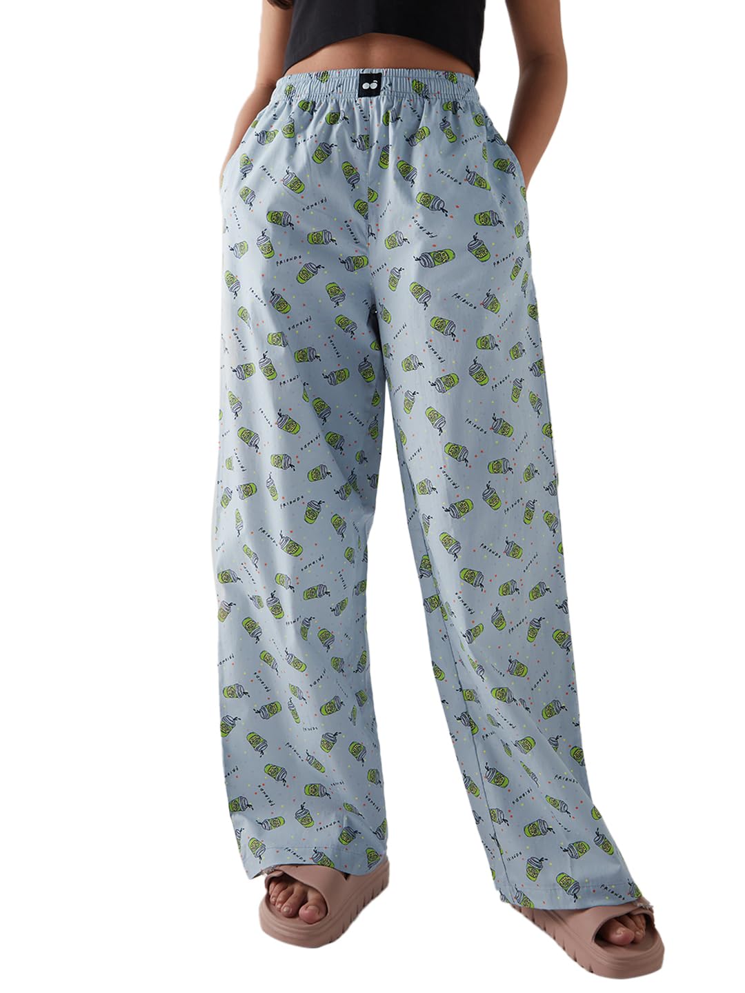 Bewakoof Women Official Friends Merchandise All Over Printed Wide Leg Poplin Pyjama_645097_Blue_Xs