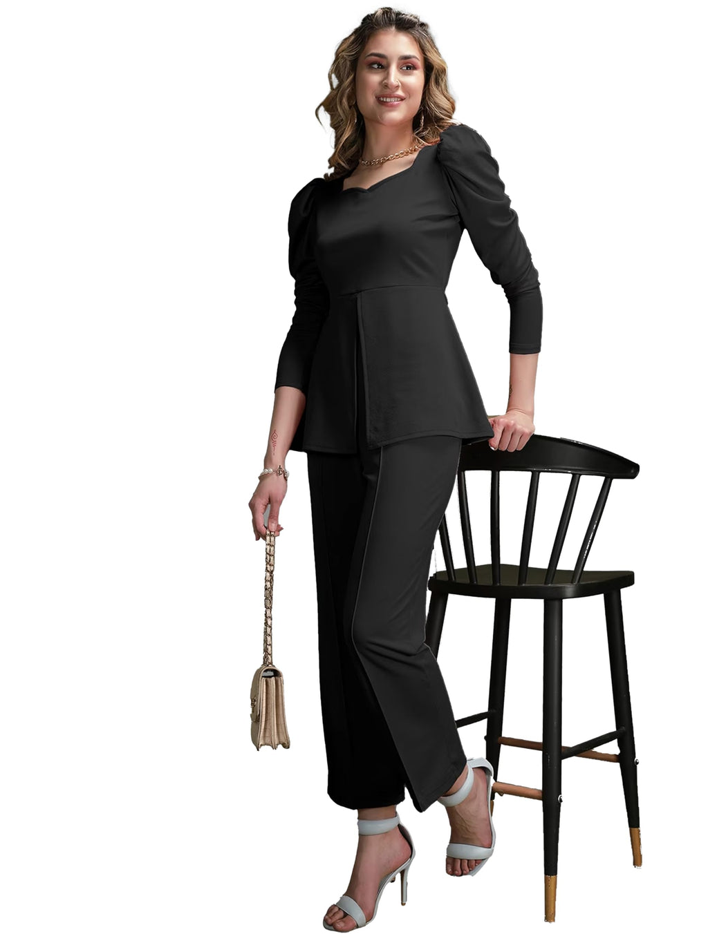 Elliti Solid Relaxed Fit Full Sleeve Co-Ord Set For Women'S | Coord Sets | Top And Formal Trouser Co Ord Set For Women (Set Of 2