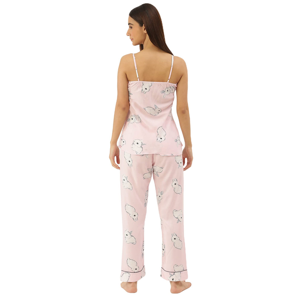 Sweet Dreams Women Printed Rayon 3 Piece Pyjama Set Pink