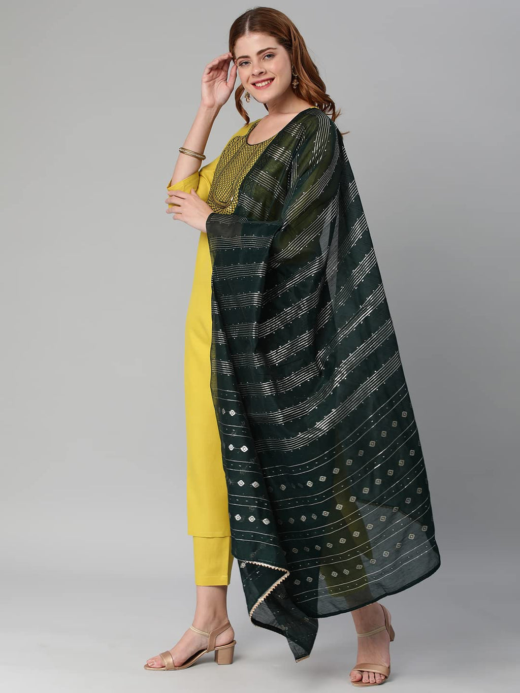 Gosriki Women'S Cotton Blend Solid Straight Kurta With Pant & Dupatta (Ratar-Mahendi-Gs)