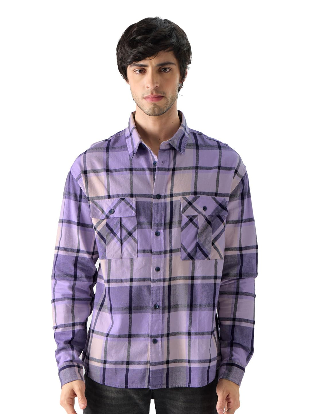 The Souled Store Plaid: Purple and Black Men and Boys Long Sleeves Collared Neck Button Front Purple Regular Fit Officewear Easy