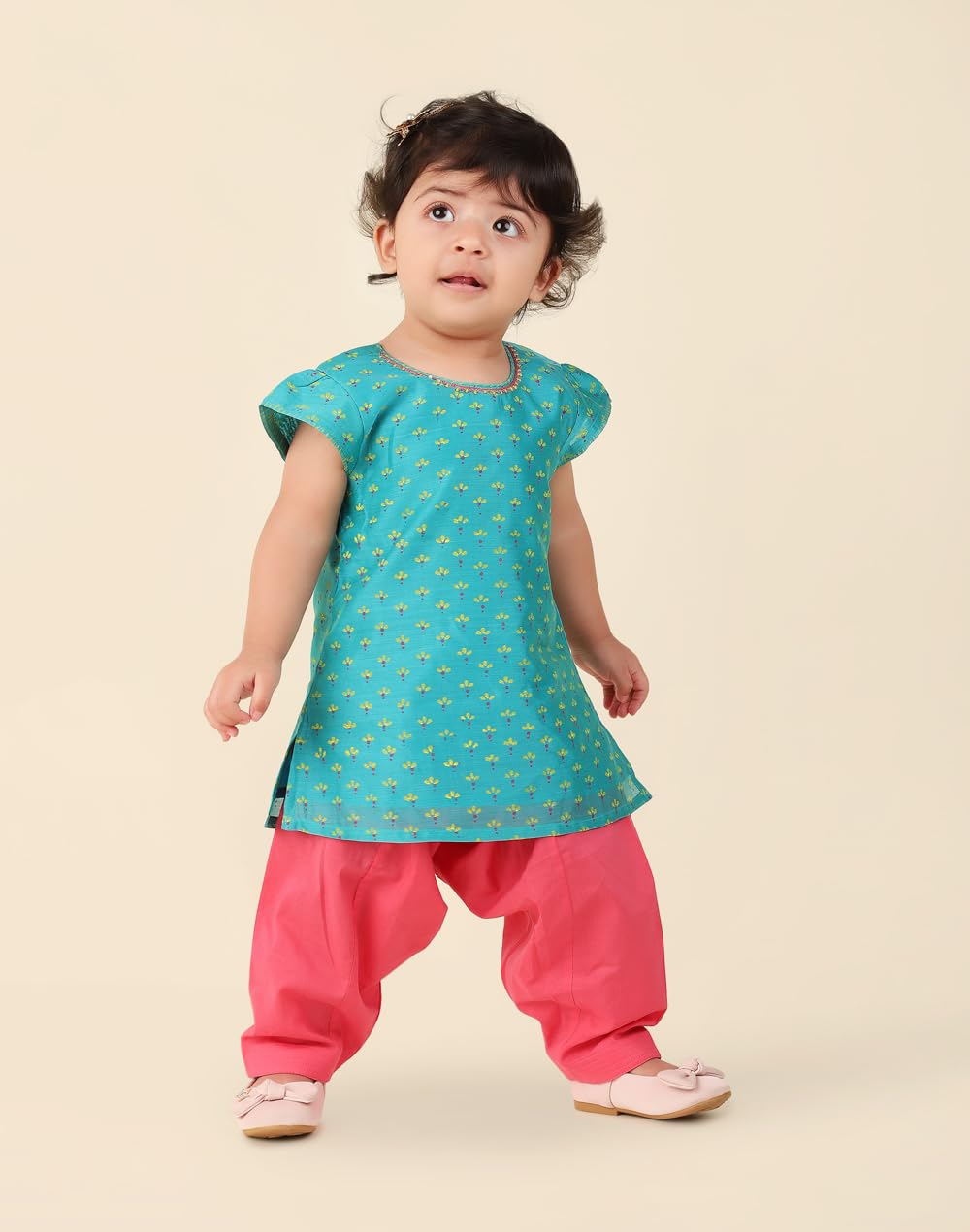 Fabindia Baby Girls Cotton Silk Printed Regular Fit Salwar Set (1032873TEAL_Teal