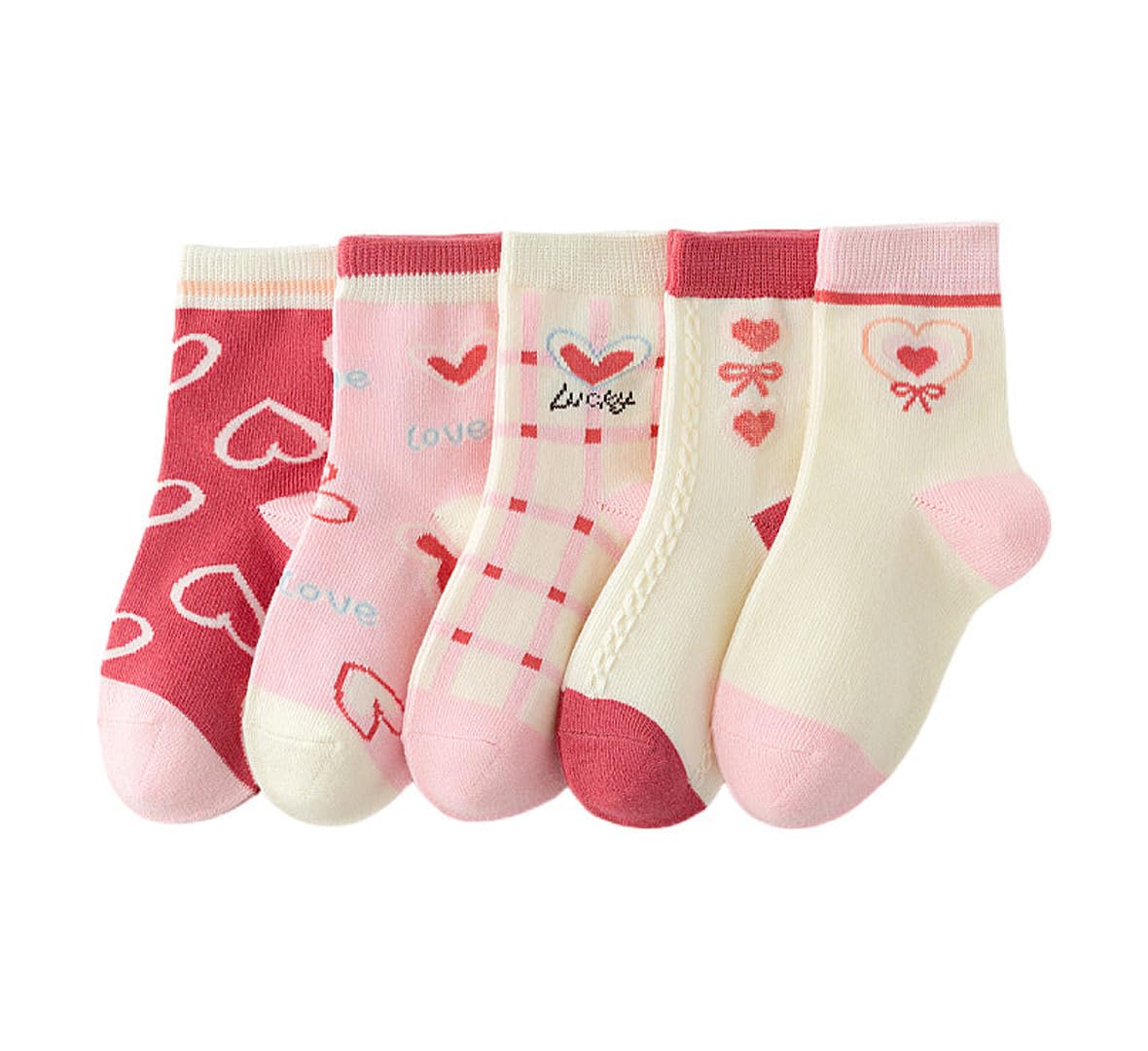 Syga 5 Pairs Baby Girl Boy Regular Socks, Toddlers Infant Cotton Warm Stretch Crew Socks With Heart Design, Suitable For Ages 18 0-24