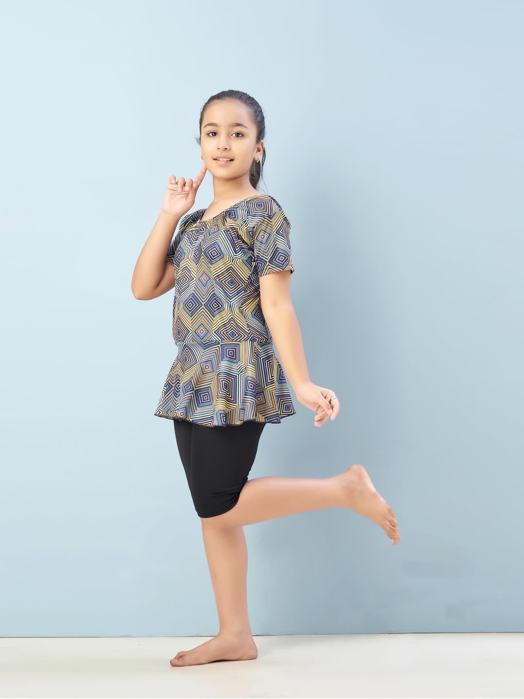 Aarika Girls Sports Wear Green-Black Colour Abstract Print Nylon Swim Suit (5-15 Years)-(SW-SHM-CA-1116)