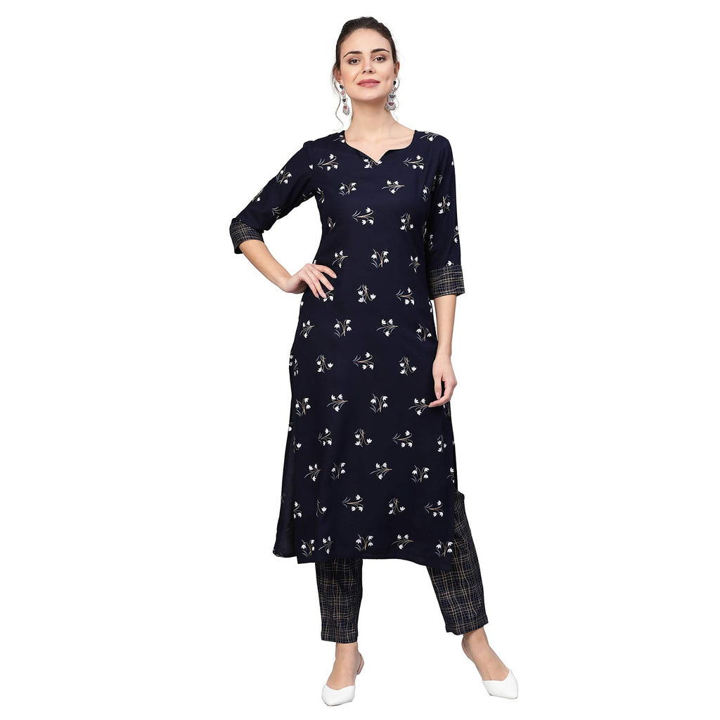 Idalia Women'S Navy Blue Khari Gold Print Rayon Kurta Set (Navy Blue, Xl)
