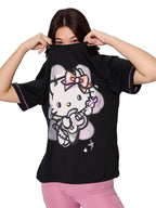 The Souled Store Official Hello Kitty: Rockstar Women and Girls Short Sleeves Round Neck Black Graphic Printed Cotton Oversized 