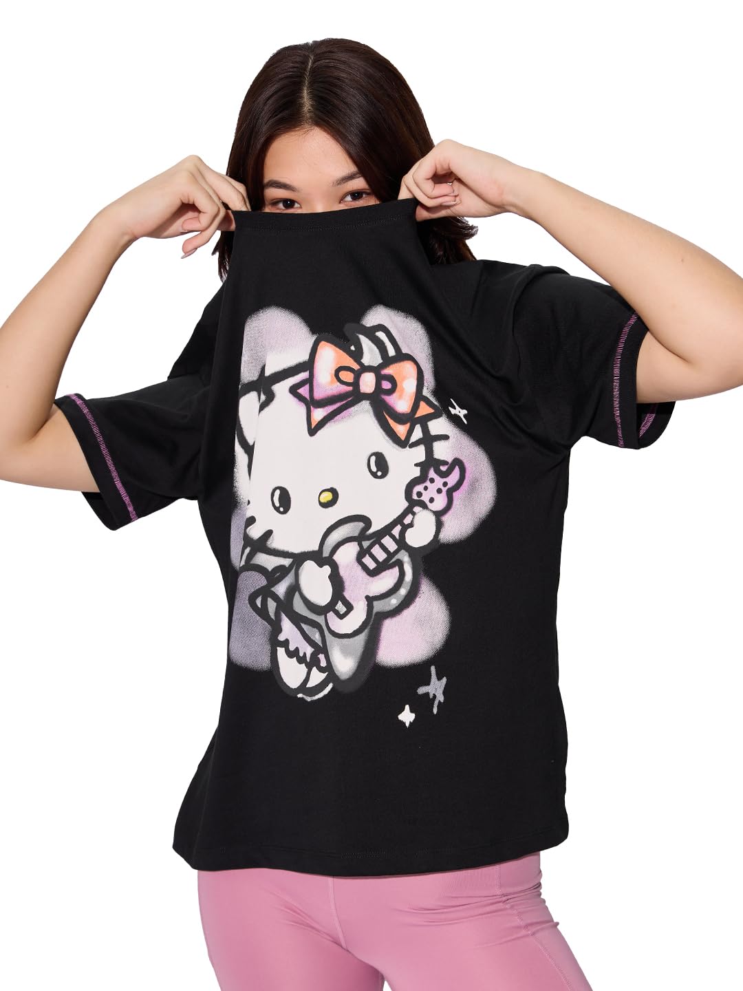 The Souled Store Official Hello Kitty: Rockstar Women and Girls Short Sleeves Round Neck Black Graphic Printed Cotton Oversized 