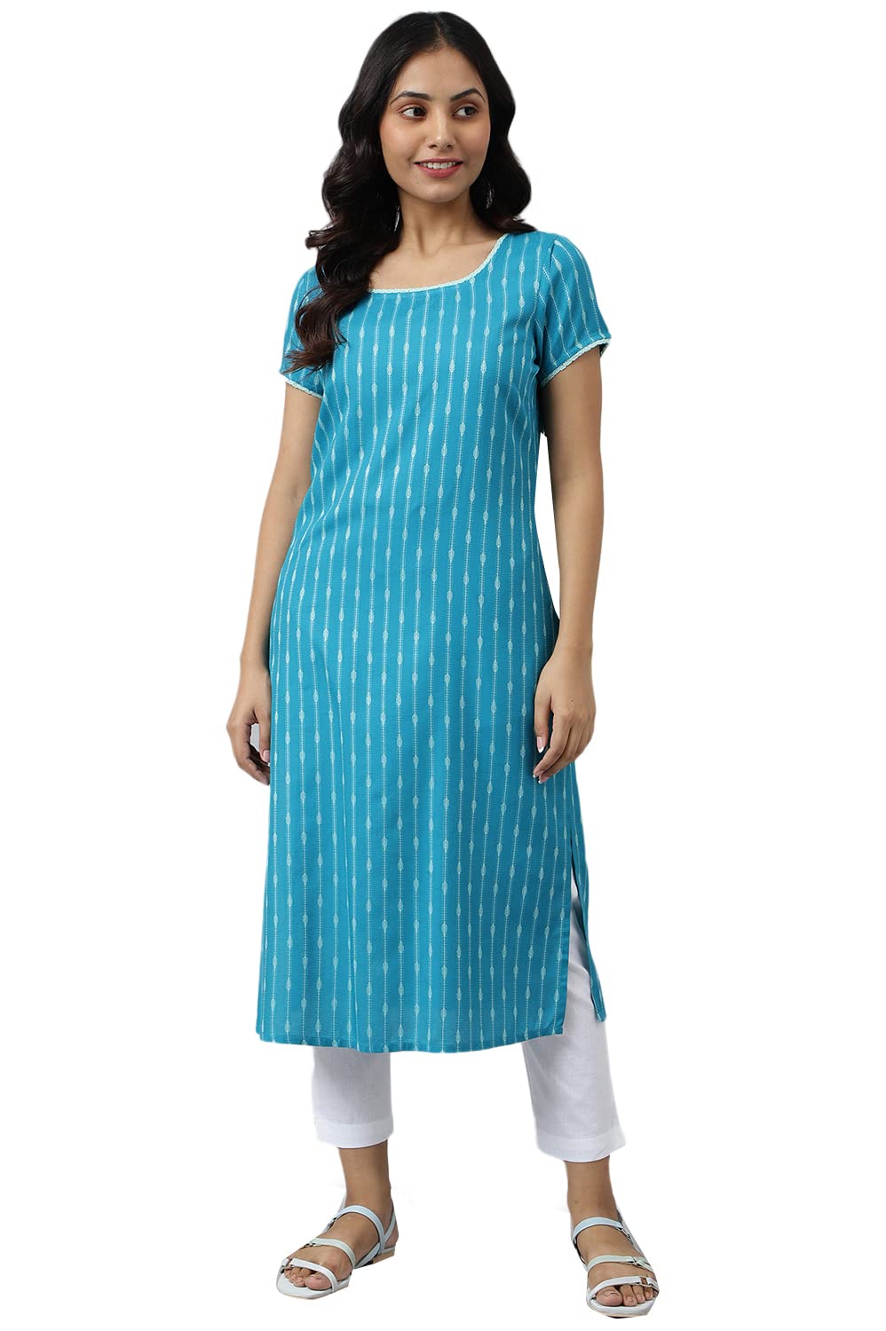 Aurelia Women Teal Dobby Geometric Yarn Dyed Straight Kurta_22AUA13361SS-702534_S