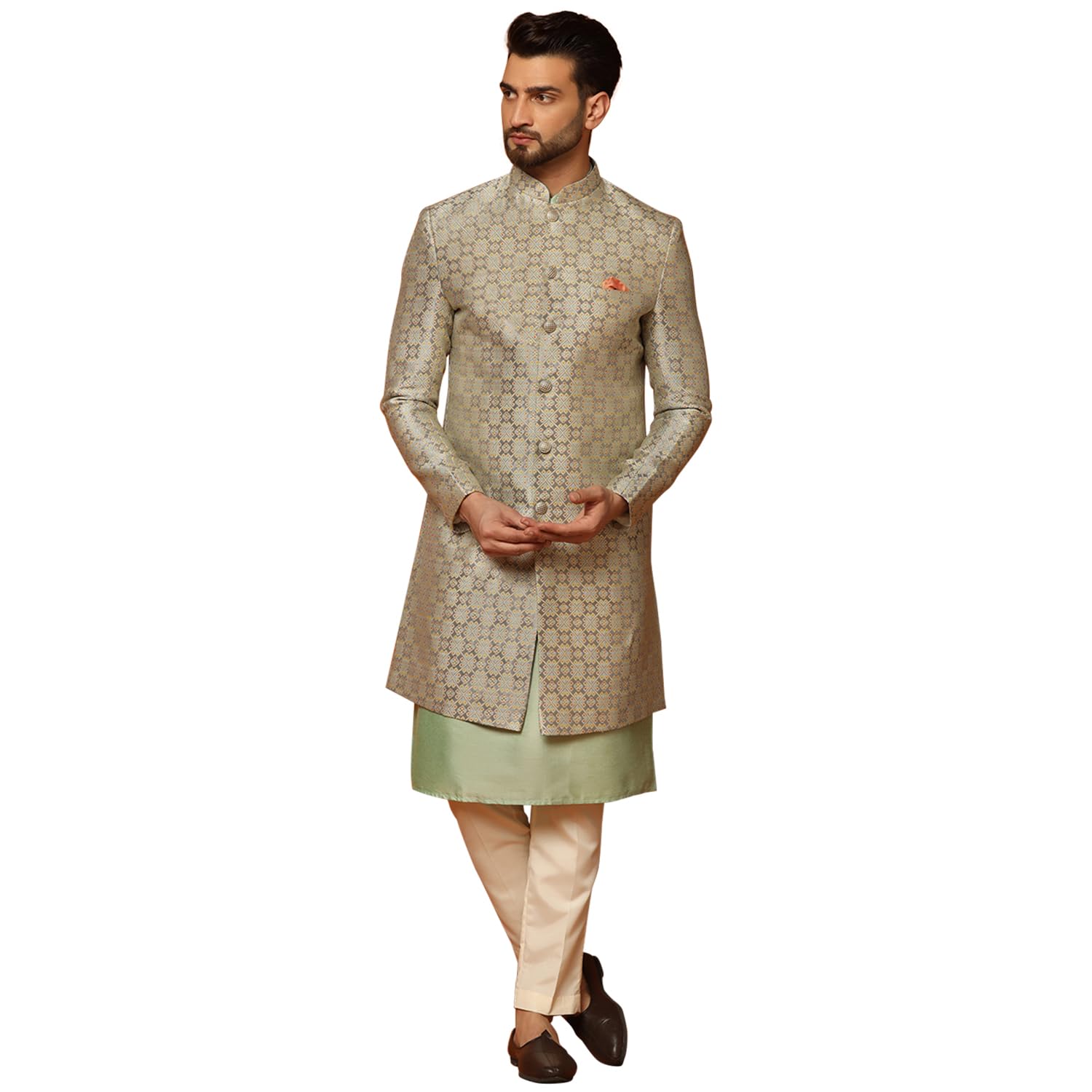 Kisah MenS Grey Indo-Western Kurta Sherwani Trousers Set Cotton Full Sleaves, Knee Length, Straight, Regular Fit, Mandarin Coll