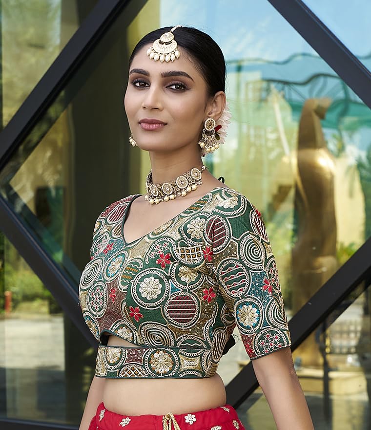 Pujia Mills Womens Blouse Readymade Blouse Embroidery Multi Coding Gold Thread Blouses Handwork Dark Green Color Readymade Sare