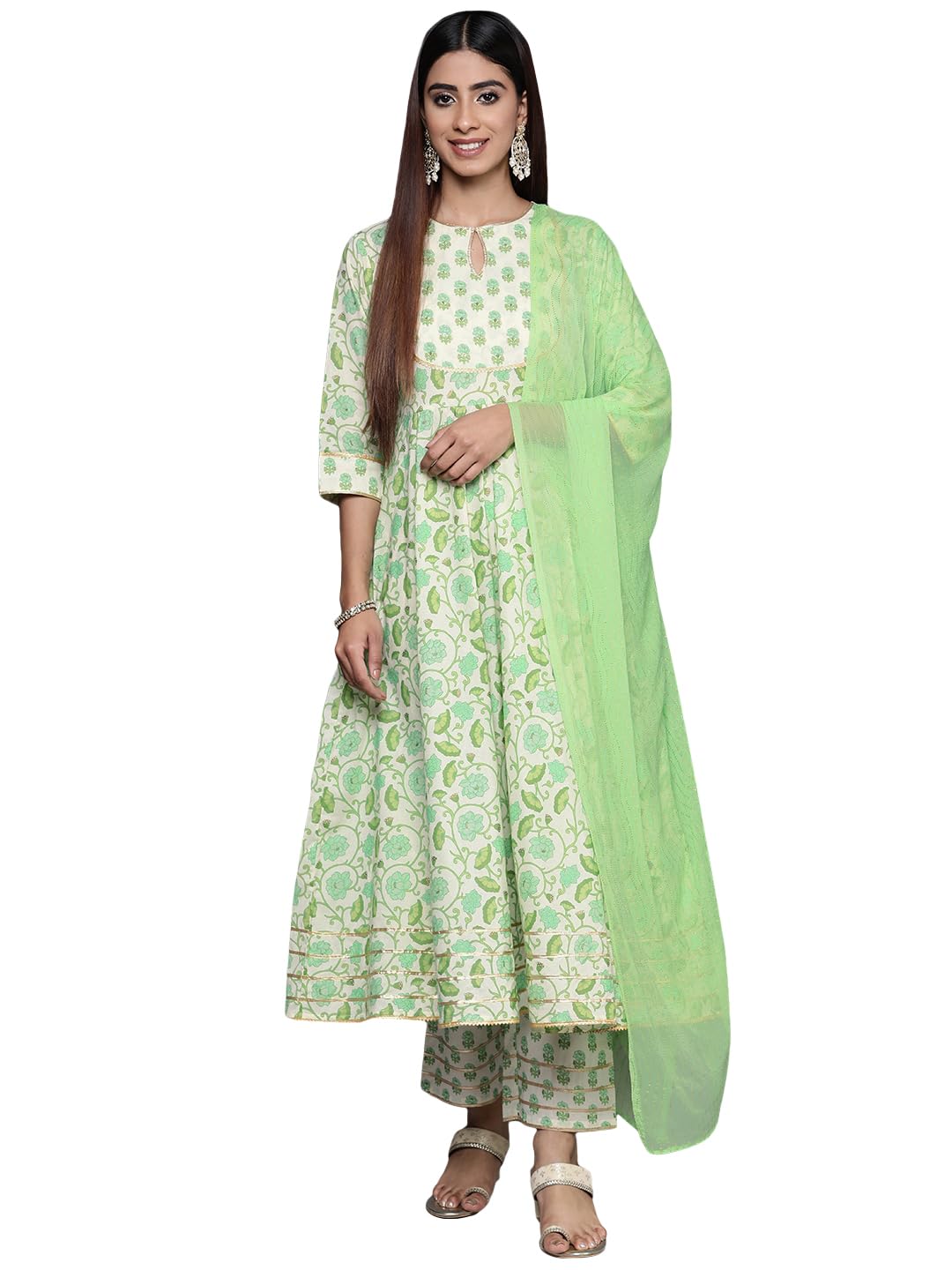 Libas Green Yoke Design Cotton Anarkali Kurta With Trousers & Dupatta