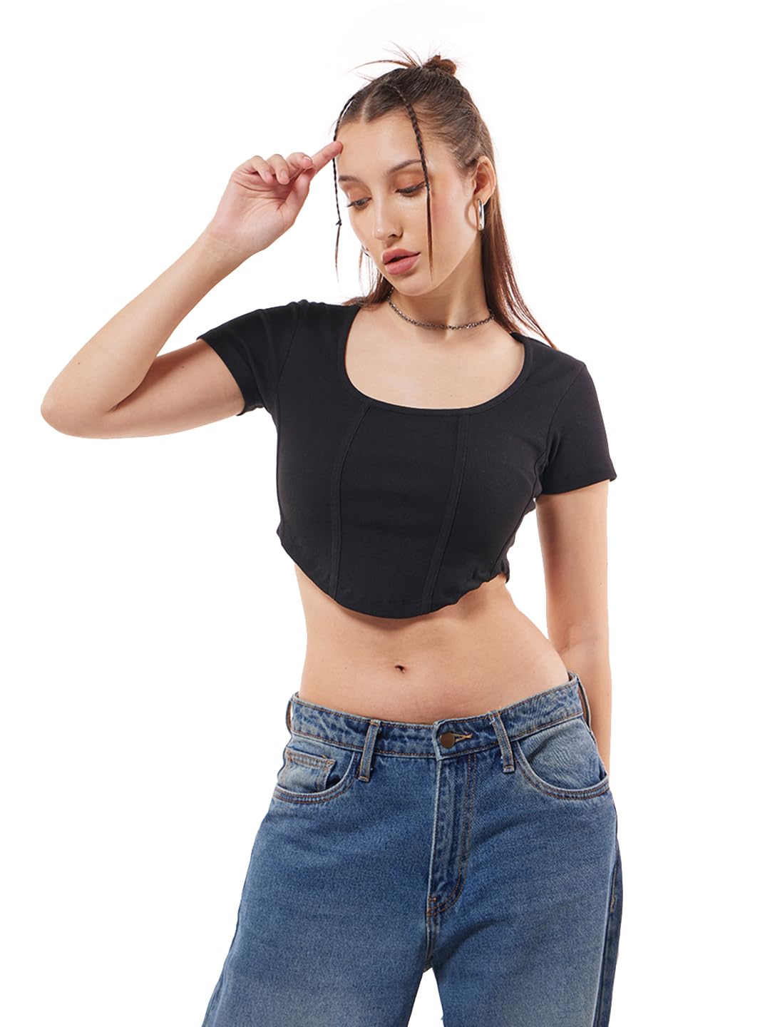 Bewakoof Womens Solid Slim Fit Half Sleeve Square Neck Rib Corset Top_634017_Black_M